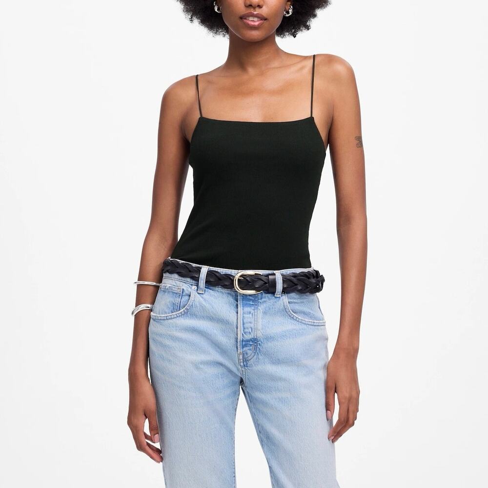 NWT Madewell Squareneck Tank Top Stretch Cotton Slim Fit In Jet Black Size XS